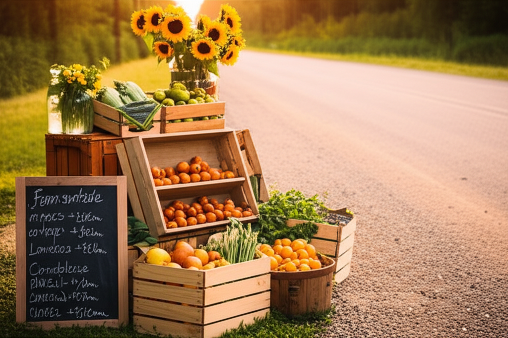 Realistic roadside farm stand with wooden crates of produce, flowers, and a hand-written chalkboard sign